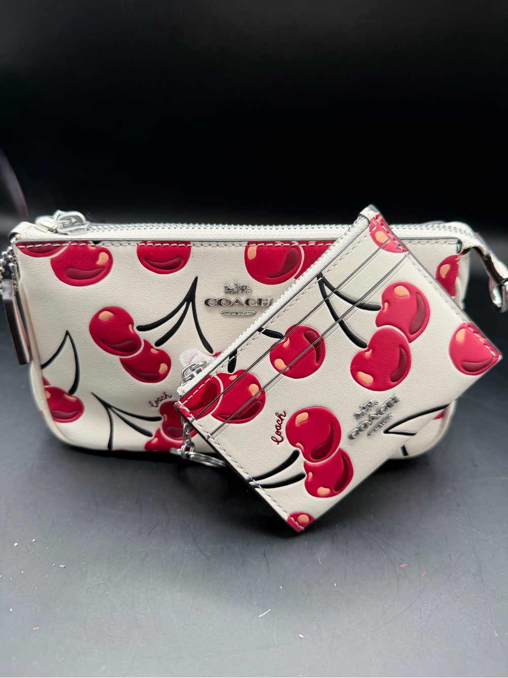 COACH White Cherry Print Nolita and Mini Skinny ID Set